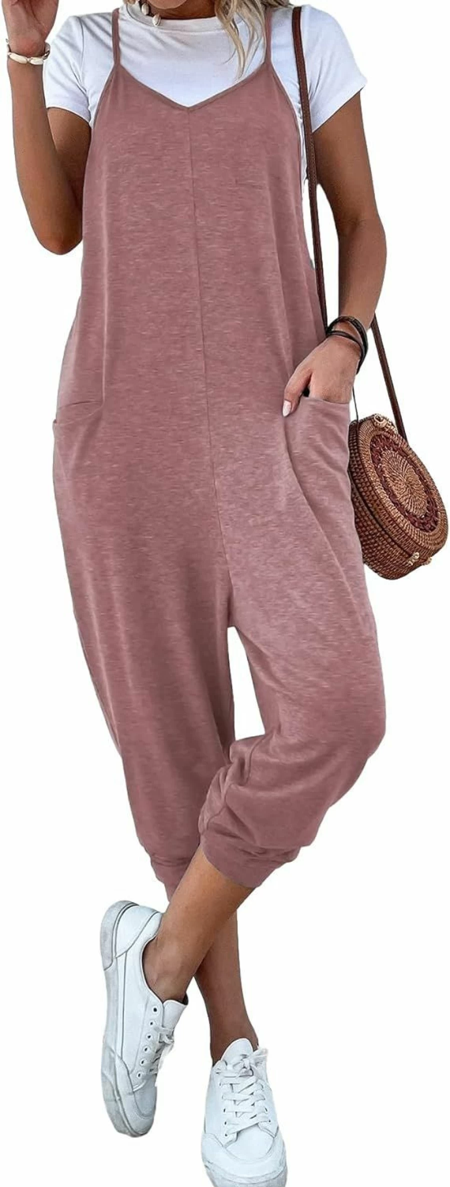 OYOANGLE Women's Casual Sleeveless Jumpsuit Romper with Pockets - Harem Leg Suspender Cami Long Outfit