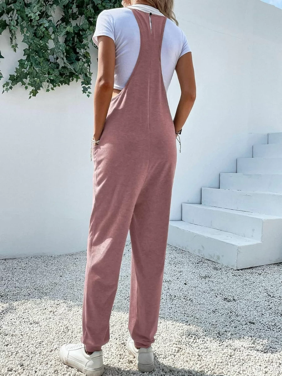 OYOANGLE Women's Casual Sleeveless Jumpsuit Romper with Pockets - Harem Leg Suspender Cami Long Outfit
