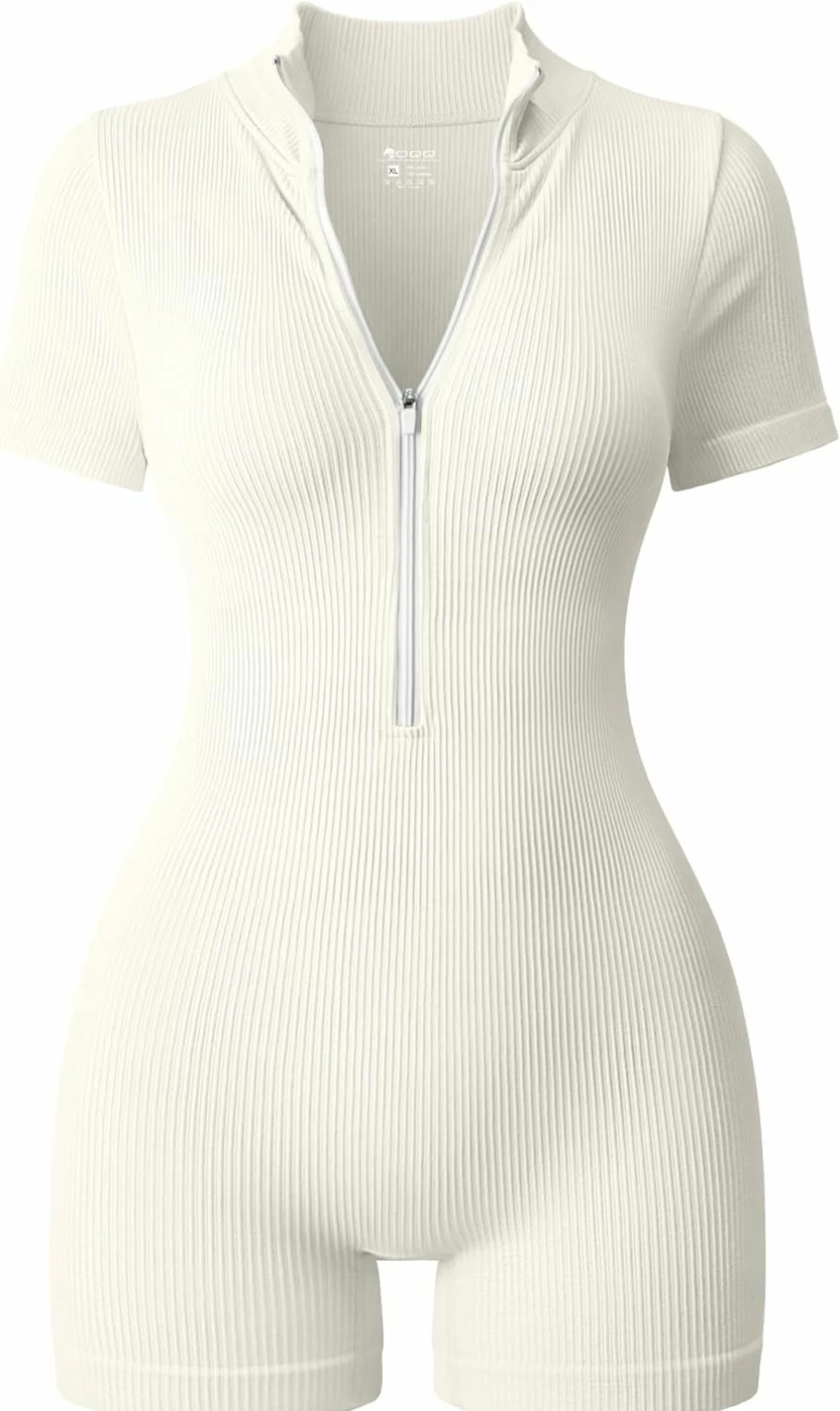 OQQ Women's Ribbed Romper with Zip Front, Tummy Control, Short Sleeve - Stretchy Yoga & Workout Jumpsuit