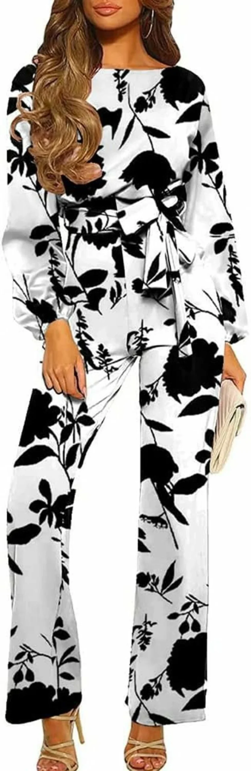 Mincib Women's Elegant Long Sleeve Jumpsuit - Belted Wide Leg Romper with Crew Neck for Formal Occasions