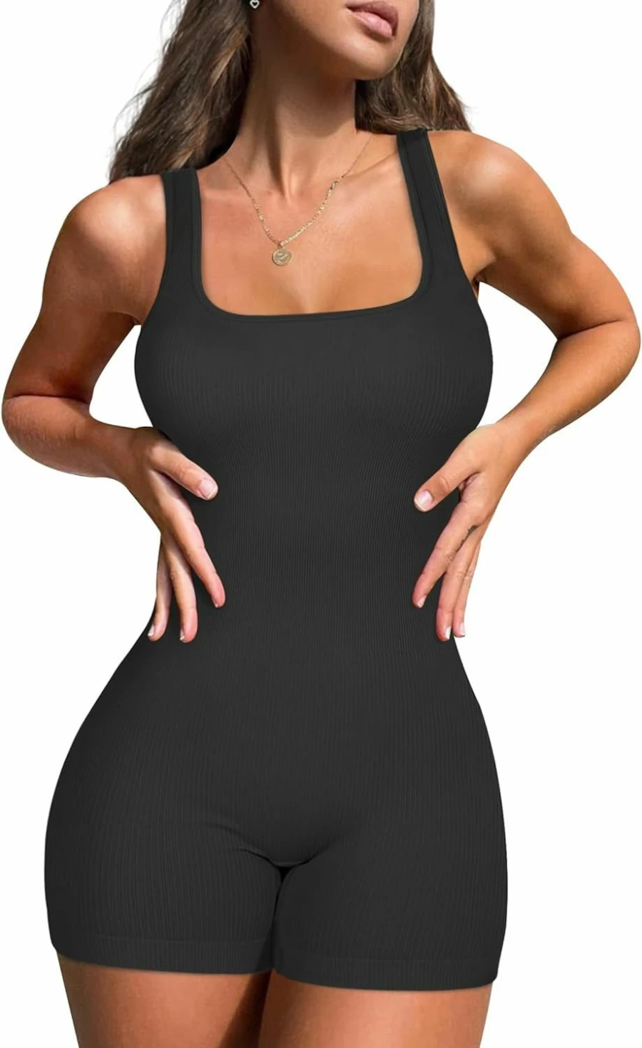 KIKIMINK Women's Seamless Ribbed Jumpsuit - Square Neck Sleeveless Romper for Yoga & Workout, Sexy Tank Top Shorts One-Piece