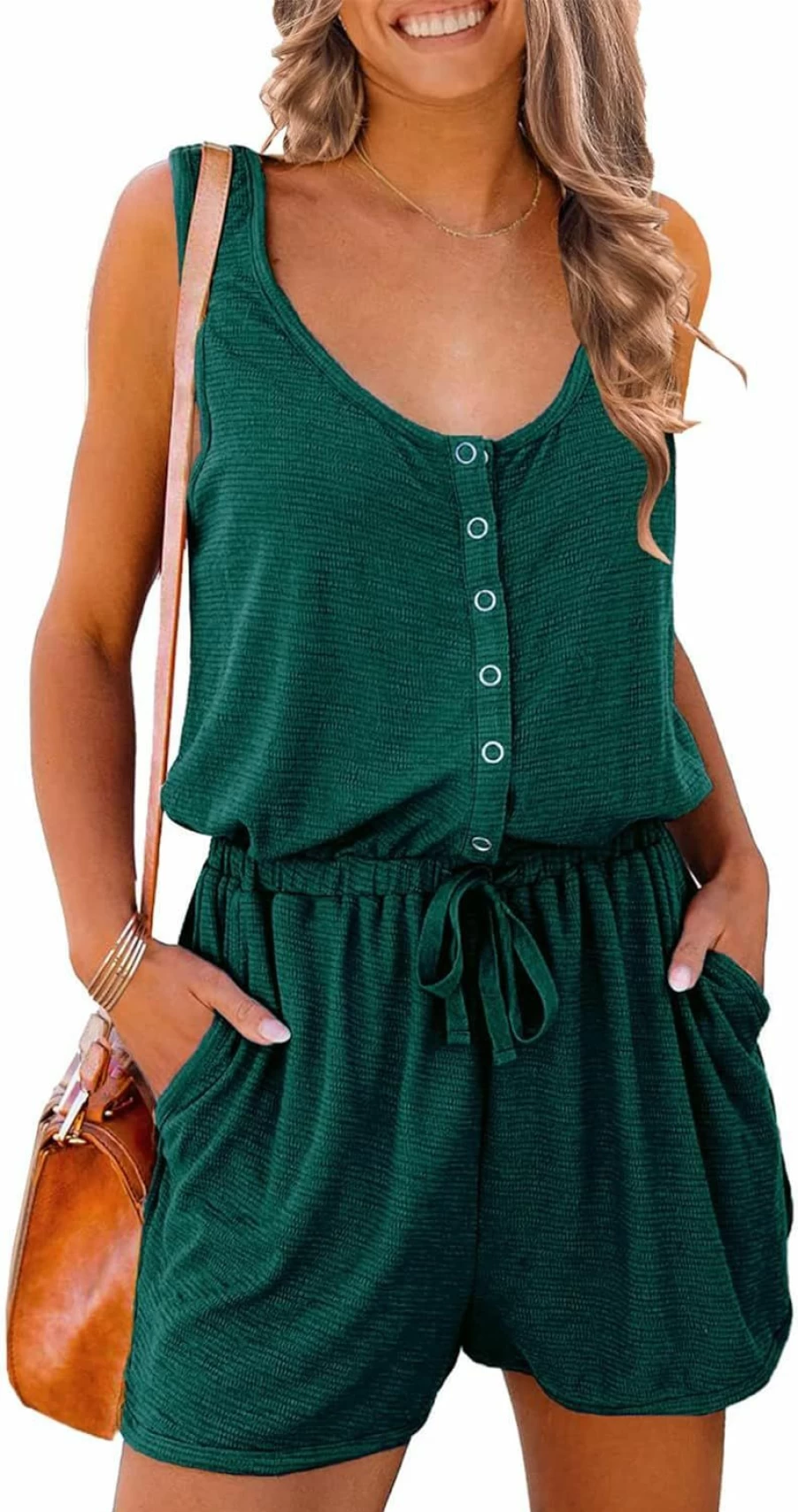 PRETTYGARDEN Women's Summer Sleeveless Romper Jumpsuit with Scoop Neck, Button Front, and Pockets - Casual Tank Top Shorts Outfit