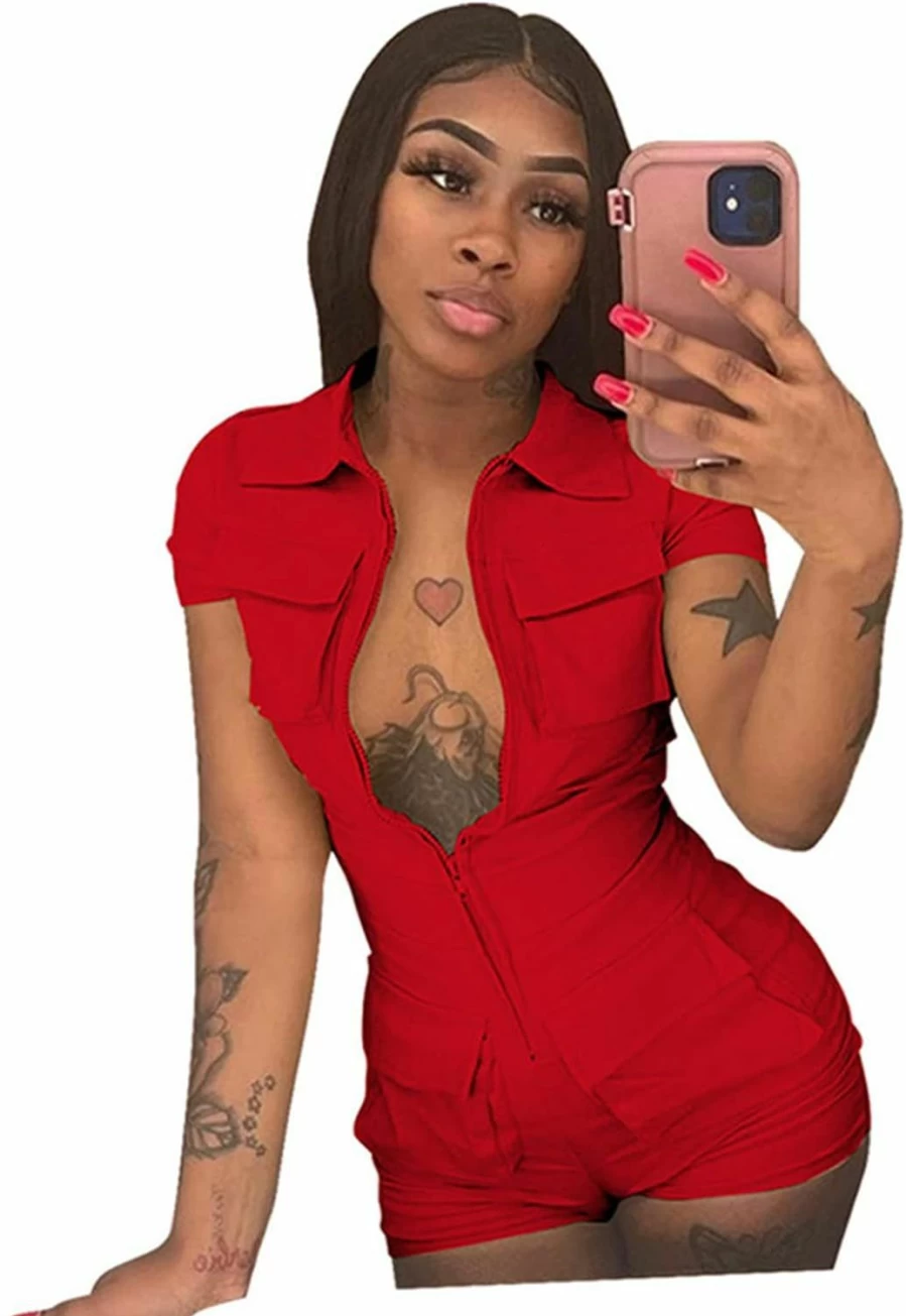 Halfword Women's Sexy Zip-Up Romper Jumpsuit with Pockets - Bodycon Clubwear One Piece Short Pants