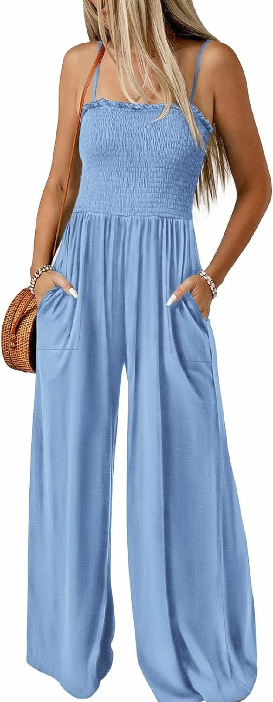 PRETTYGARDEN Women's Linen Romper Jumpsuit - Summer Casual Smocked Spaghetti Strap Dressy One Piece Outfit with Pockets Wide Leg