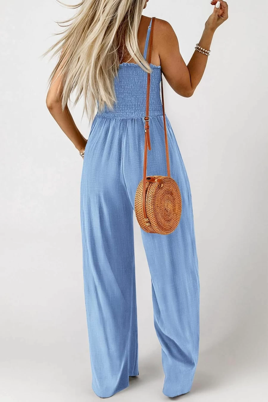 PRETTYGARDEN Women's Linen Romper Jumpsuit - Summer Casual Smocked Spaghetti Strap Dressy One Piece Outfit with Pockets Wide Leg