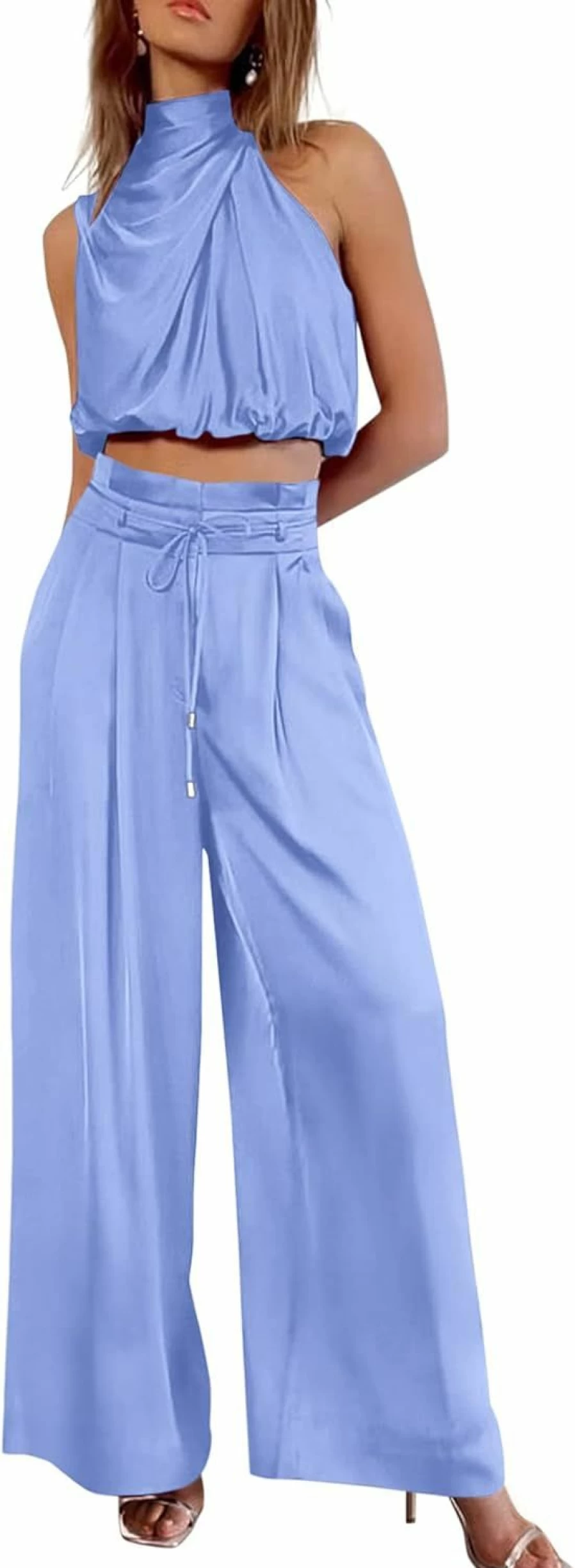 PRETTYGARDEN Women's 2024 Summer Casual Outfit Set - Sleeveless Mock Neck Crop Top & Wide Leg Pants 2 Piece