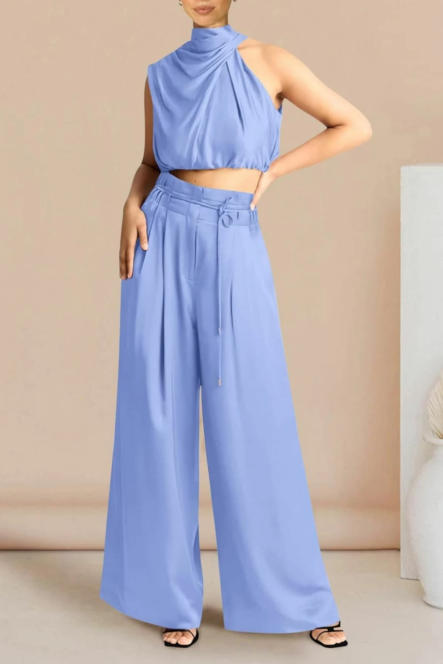 PRETTYGARDEN Women's 2024 Summer Casual Outfit Set - Sleeveless Mock Neck Crop Top & Wide Leg Pants 2 Piece