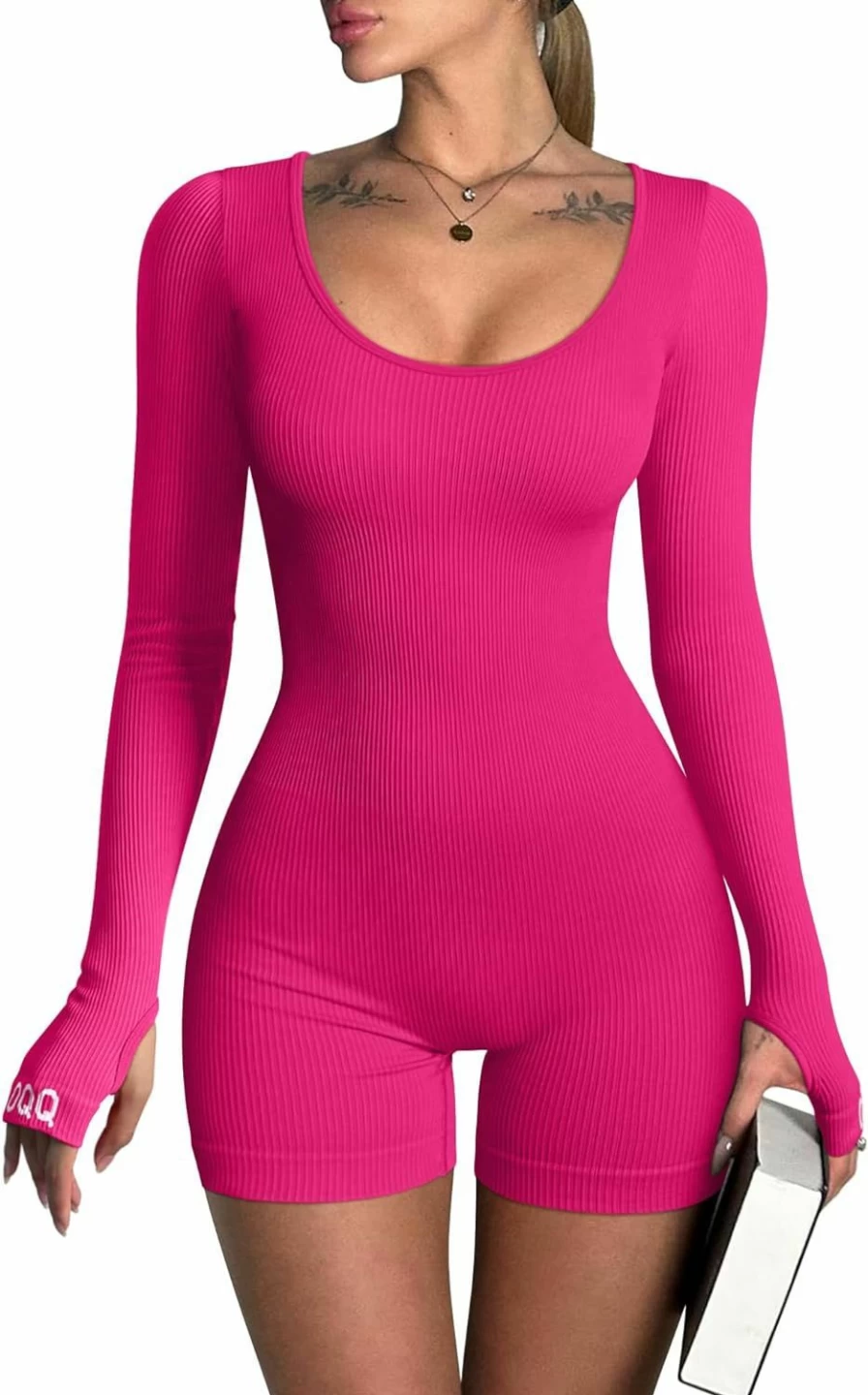OQQ Women's Ribbed Yoga Romper - Long Sleeve Workout Jumpsuit for Exercise & Gym