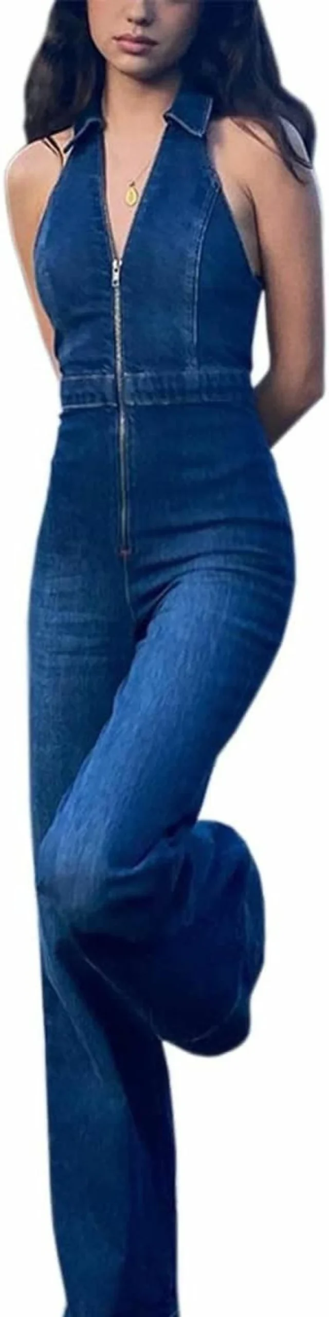 Glkaend Women's Sexy Slim Fit Denim Jumpsuit - V-Neck Sleeveless Romper with High Waist & Zipper Detail