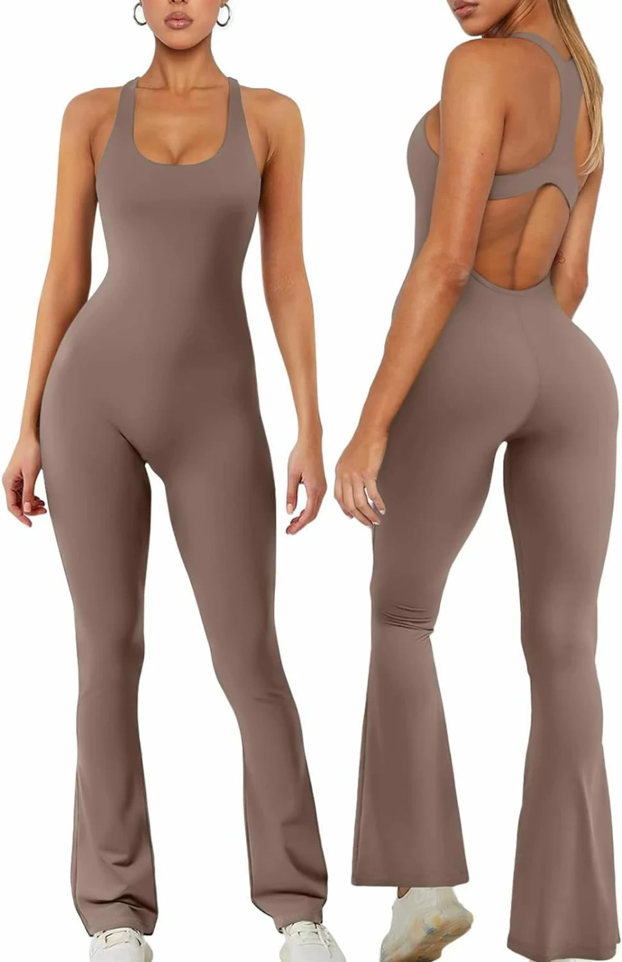 REORIA Women's Summer Sexy Scoop Neck Sleeveless Jumpsuit - Tummy Control Workout Bodysuit with Flare Legs