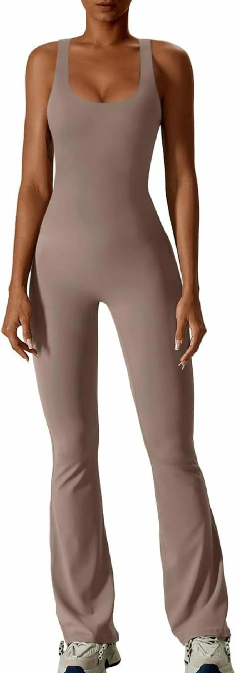 REORIA Women's Summer Sexy Scoop Neck Sleeveless Jumpsuit - Tummy Control Workout Bodysuit with Flare Legs