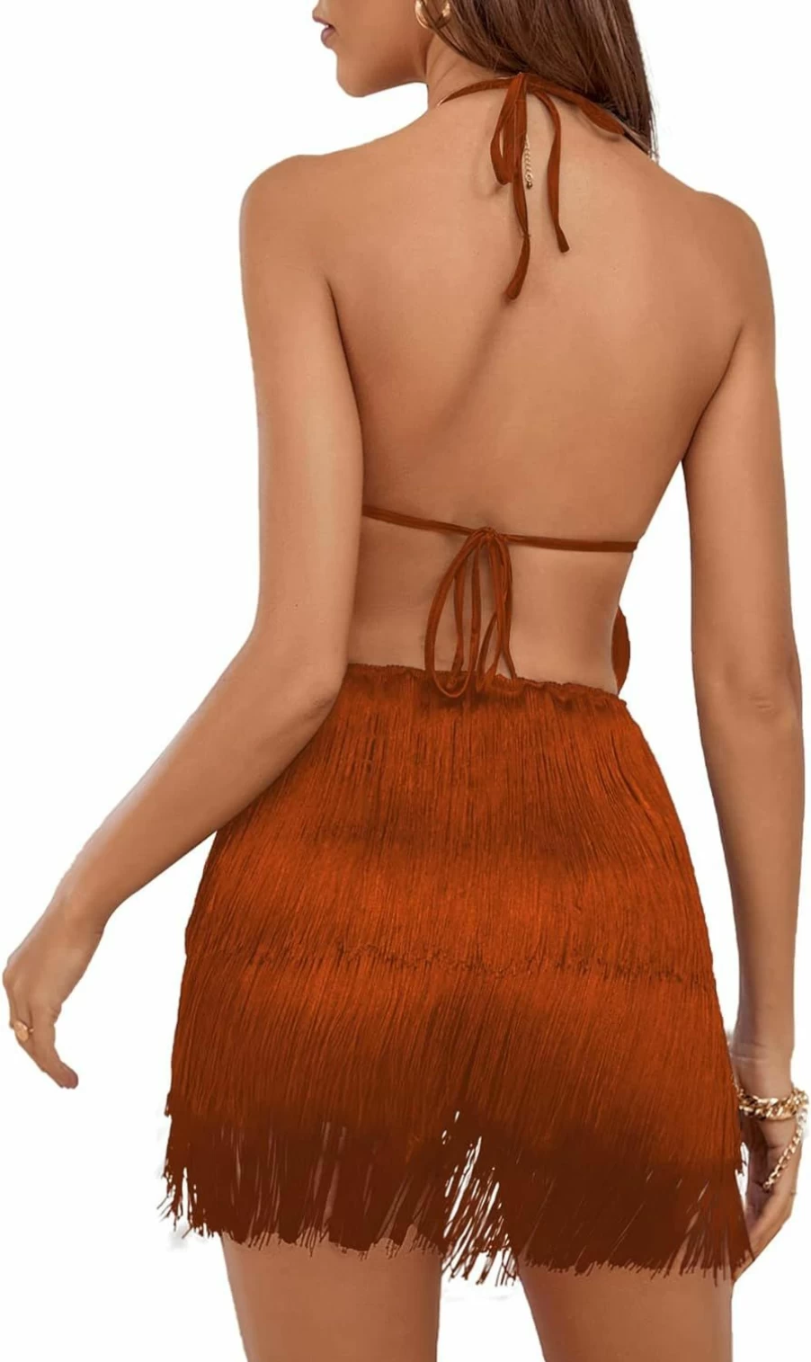 LYANER Women's Sexy Halter Neck Fringe Romper Jumpsuit - Sleeveless Waist Tie Back Playsuit for Women