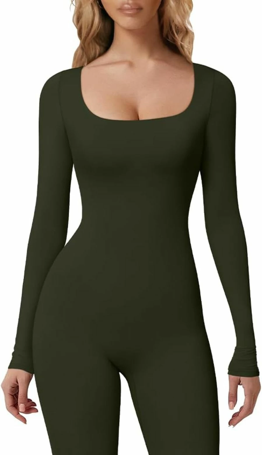 HYZ Women's Stretchy Square Neck Long Sleeve Jumpsuit - Fall Fitted One Piece Outfit for Going Out