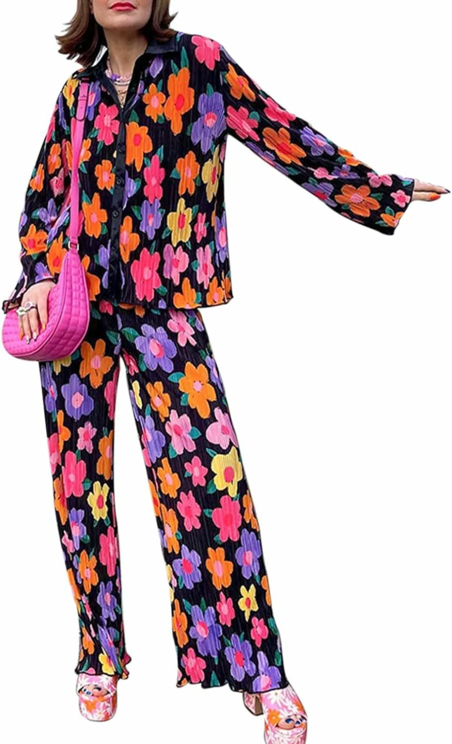 ABYOVRT Women's Casual Loungewear Set - Oversized Pleated Button Down Shirt & Wide Leg Pants 2 Piece Outfit Long Sleeve Comfortable Lounge Wear