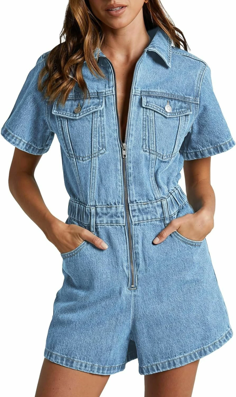 PLNOTME Women's Denim Romper Jumpsuit with Utility Pockets, Short Sleeve Zip-Up Summer Jean Shorts