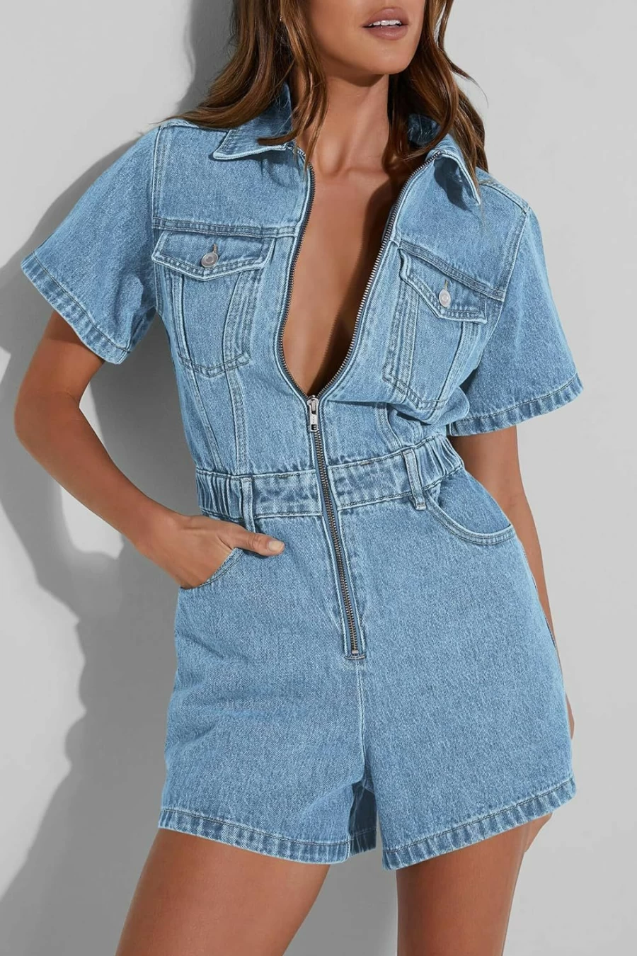 PLNOTME Women's Denim Romper Jumpsuit with Utility Pockets, Short Sleeve Zip-Up Summer Jean Shorts
