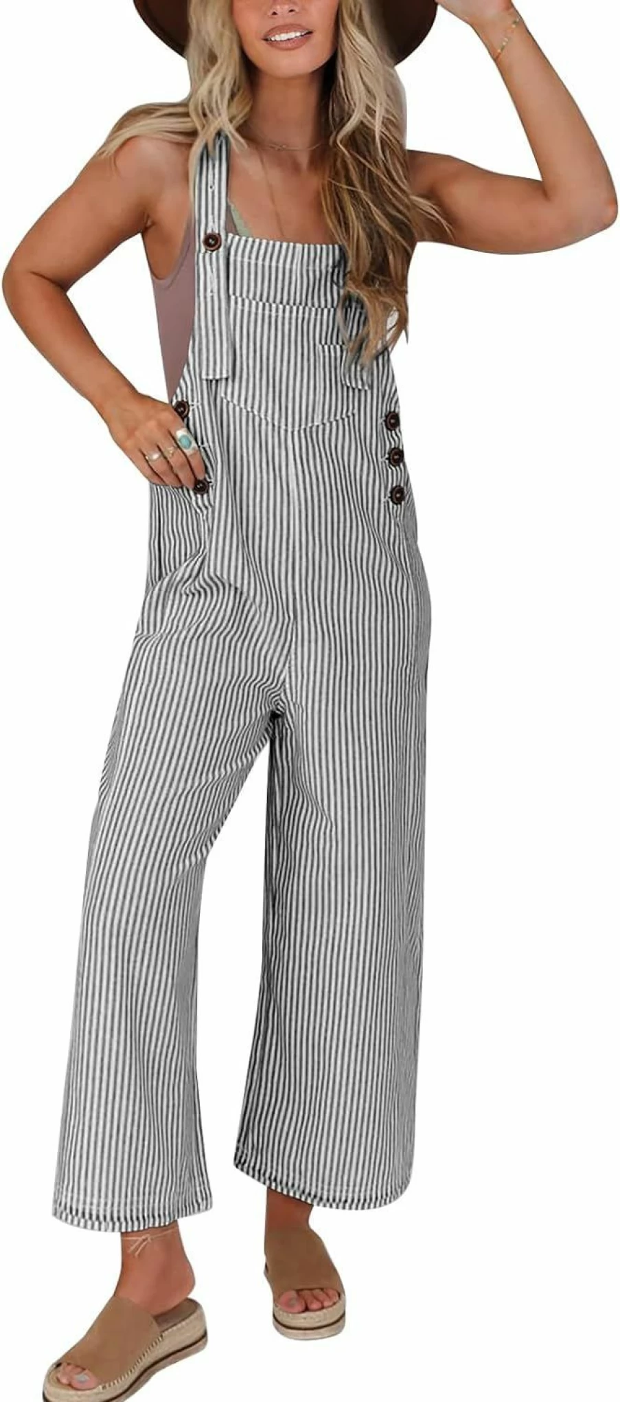 PRETTYGARDEN Women's 2024 Trendy Striped Sleeveless Jumpsuit - Summer Casual Wide Leg Romper with Button Detail