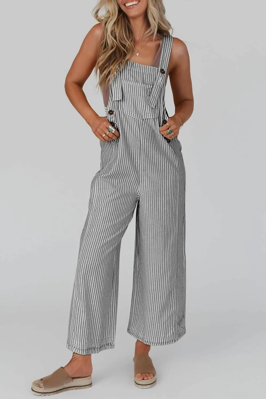 PRETTYGARDEN Women's 2024 Trendy Striped Sleeveless Jumpsuit - Summer Casual Wide Leg Romper with Button Detail