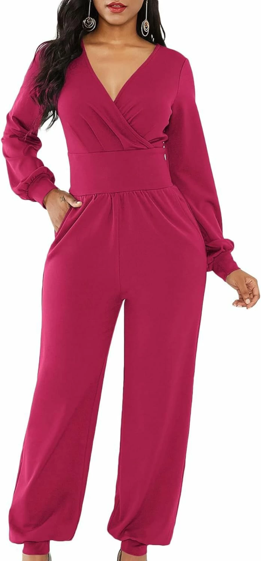 LYANER Women's Deep V-Neck Wrap Front Jumpsuit - Long Sleeve Party Romper for Cocktail & Evening Wear