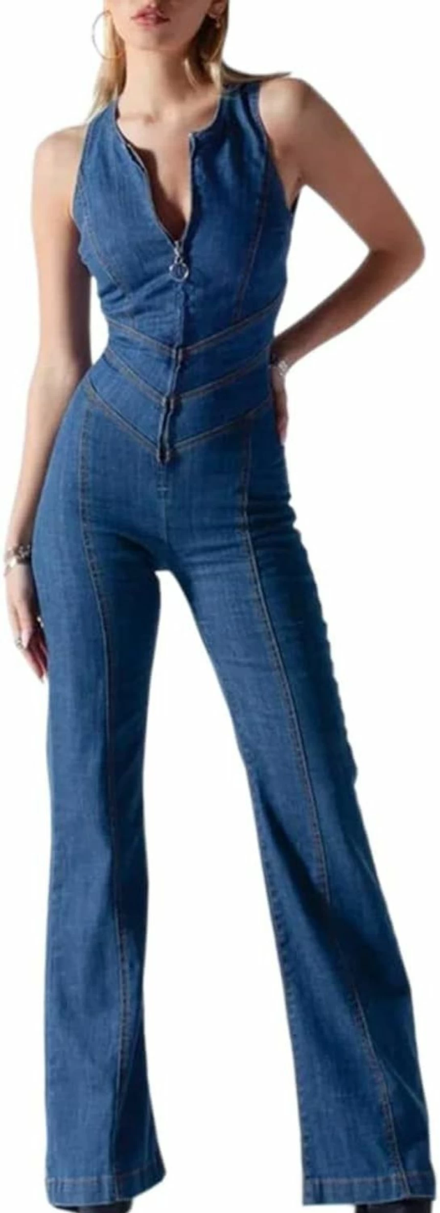 Glkaend Women's Sexy High Waist Backless Denim Romper - Sleeveless Wide Leg Jumpsuit with Zipper Detail