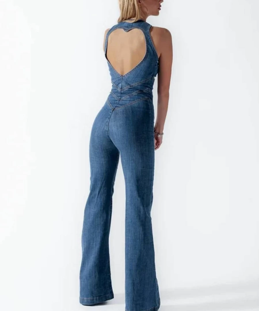 Glkaend Women's Sexy High Waist Backless Denim Romper - Sleeveless Wide Leg Jumpsuit with Zipper Detail