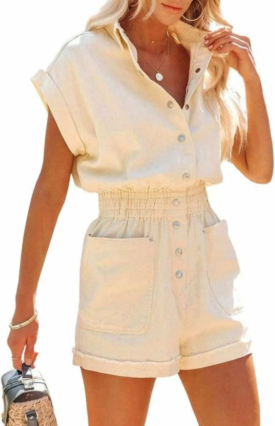 Chouyatou Women's Cotton Romper with Elastic Waist, Cuffed Sleeves, and Front Pockets - Casual Button-Down Jumpsuit for Summer