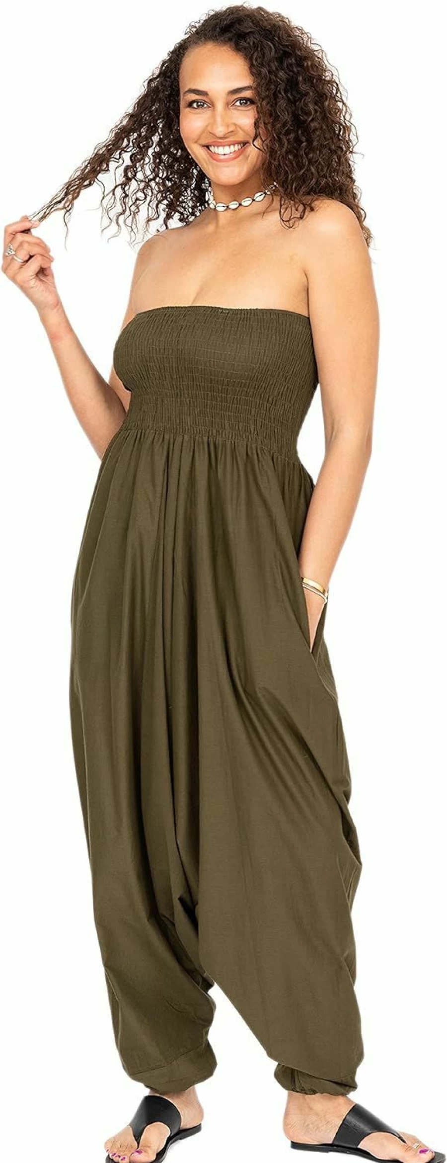 Likemary Women's Convertible Romper Jumpsuit - One Size Cotton Harem Pants with Pockets, Maxi Length Pull Down Outfit