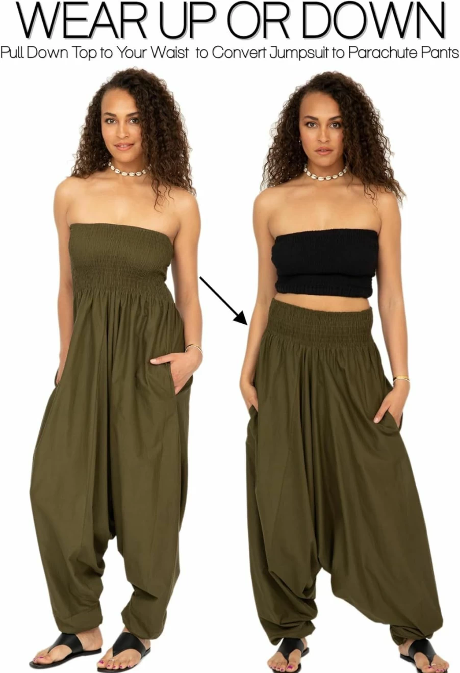 Likemary Women's Convertible Romper Jumpsuit - One Size Cotton Harem Pants with Pockets, Maxi Length Pull Down Outfit
