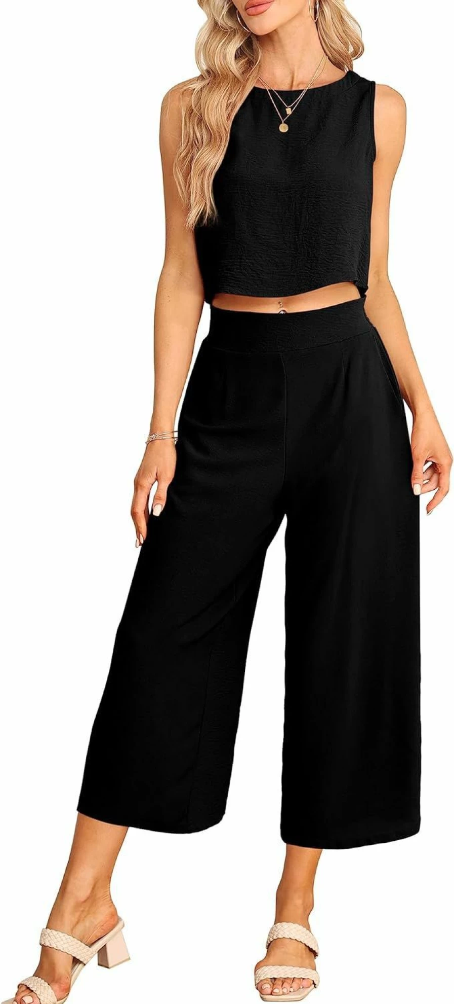 "Sucolan Women's Summer 2-Piece Outfit: Sleeveless Button-Back Tank Top & Wide-Leg Pants Set with Pockets"