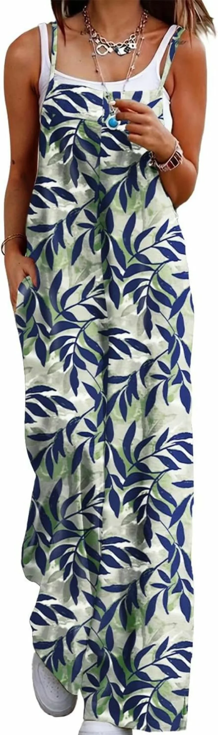 YESNO Women's Floral Print Boho Jumpsuit - Summer Wide Leg Romper with Pockets, Casual Loose Overalls