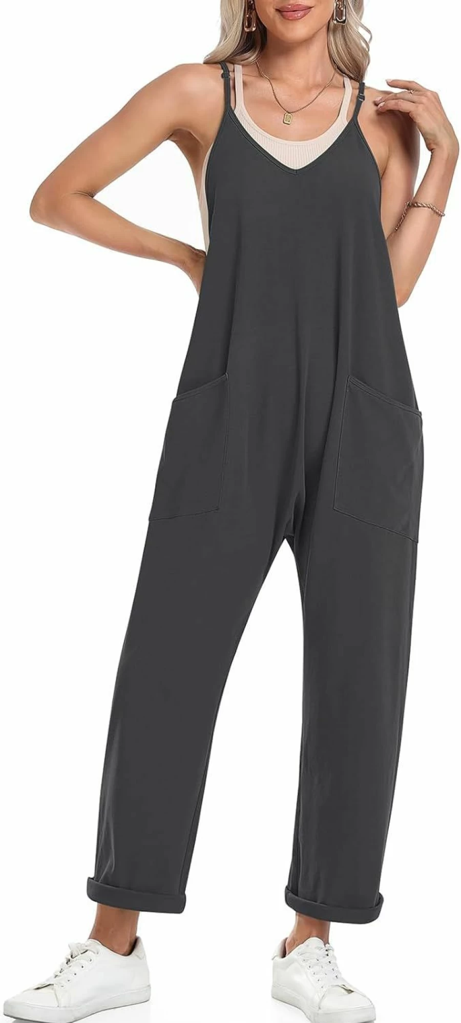 TARSE Women's Casual Sleeveless Jumpsuit with V-Neck, Adjustable Spaghetti Straps, Loose Fit, and Pockets | Romper Overalls for Summer