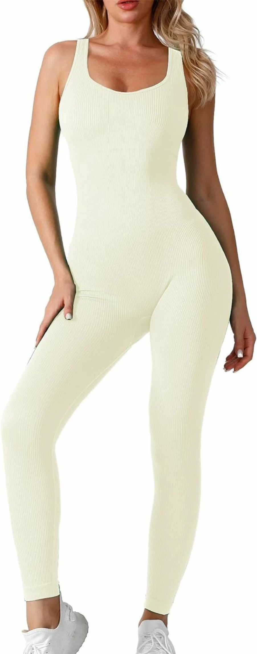 Aliaglo Women's Seamless Square Neck Ribbed Yoga Romper - One Piece Workout Jumpsuit & Bodysuit for Fitness