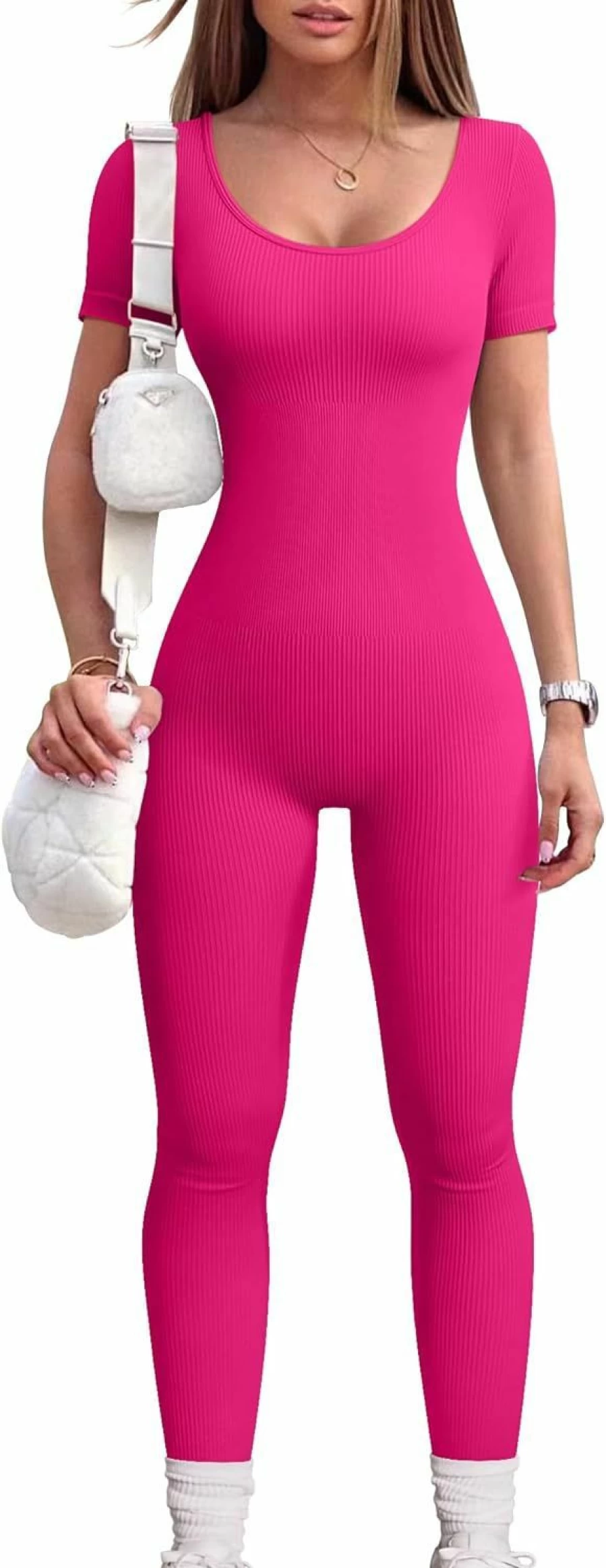 OQQ Women's Ribbed Yoga Jumpsuit - Short Sleeve Workout Onesie for Exercise & Gym