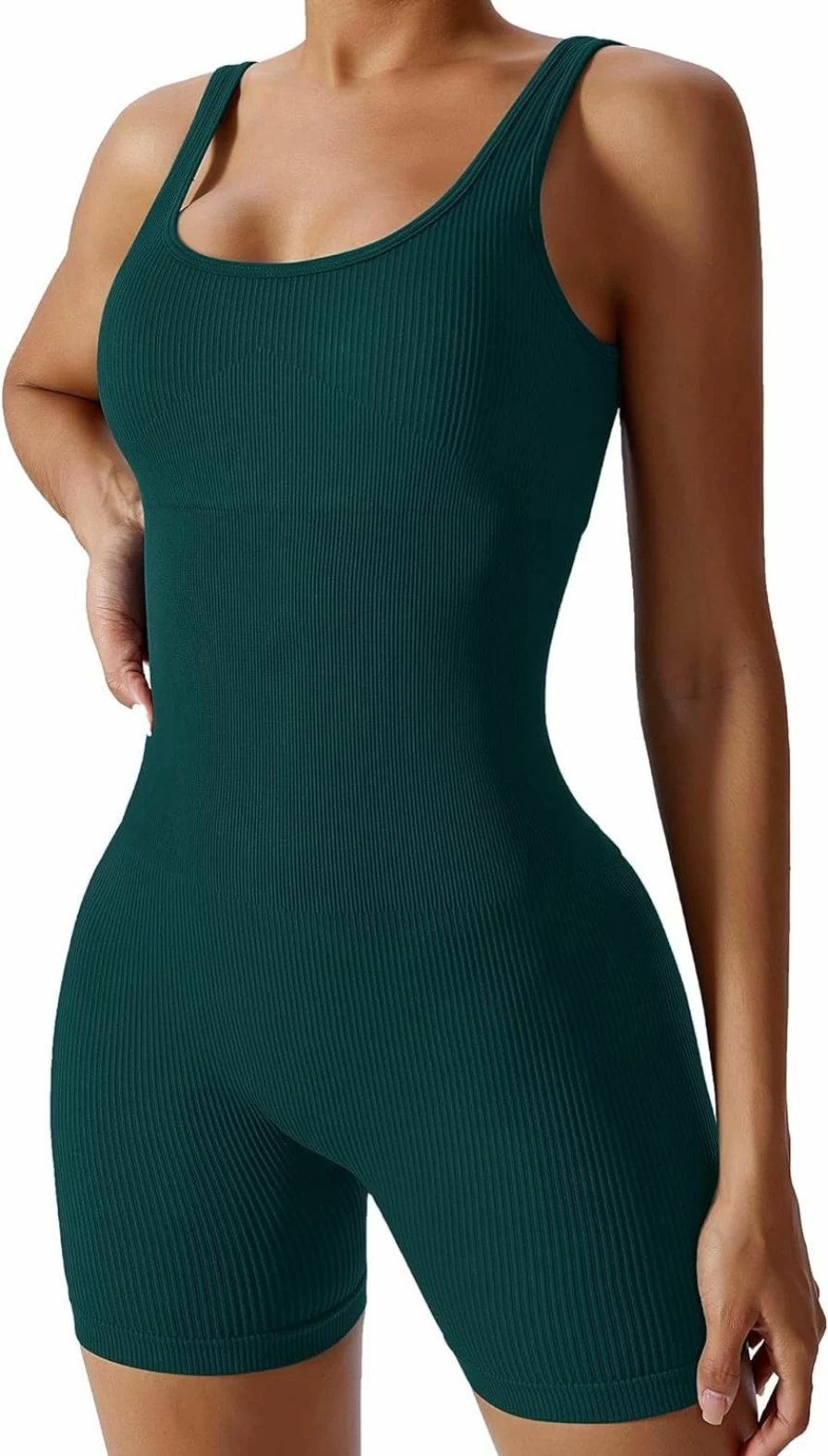 Loovoo Women's Seamless Ribbed Jumpsuit - Strappy Square Neck Romper with Padded Bra, Tank Top Bodysuit Shorts One Piece