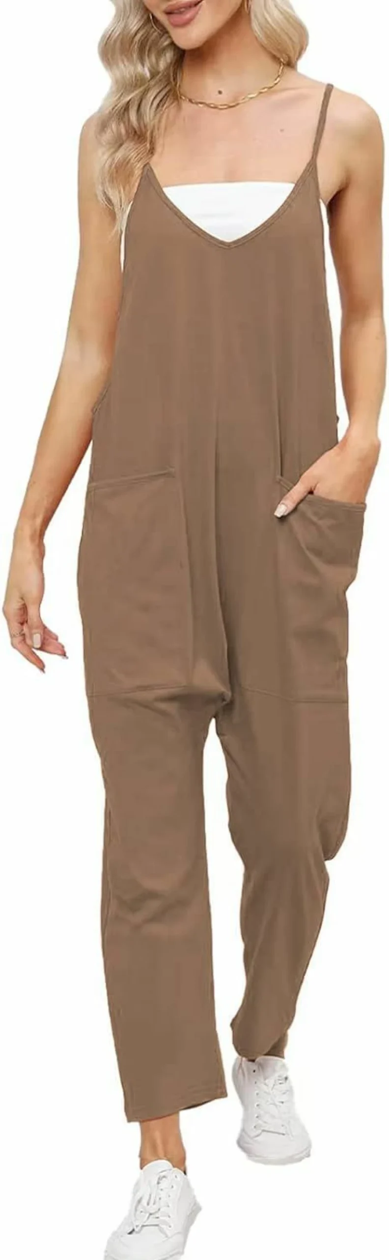 Deep Self Women's Casual V-Neck Sleeveless Jumpsuit with Adjustable Straps & Pockets - Loose Fit Harem Pants Overalls