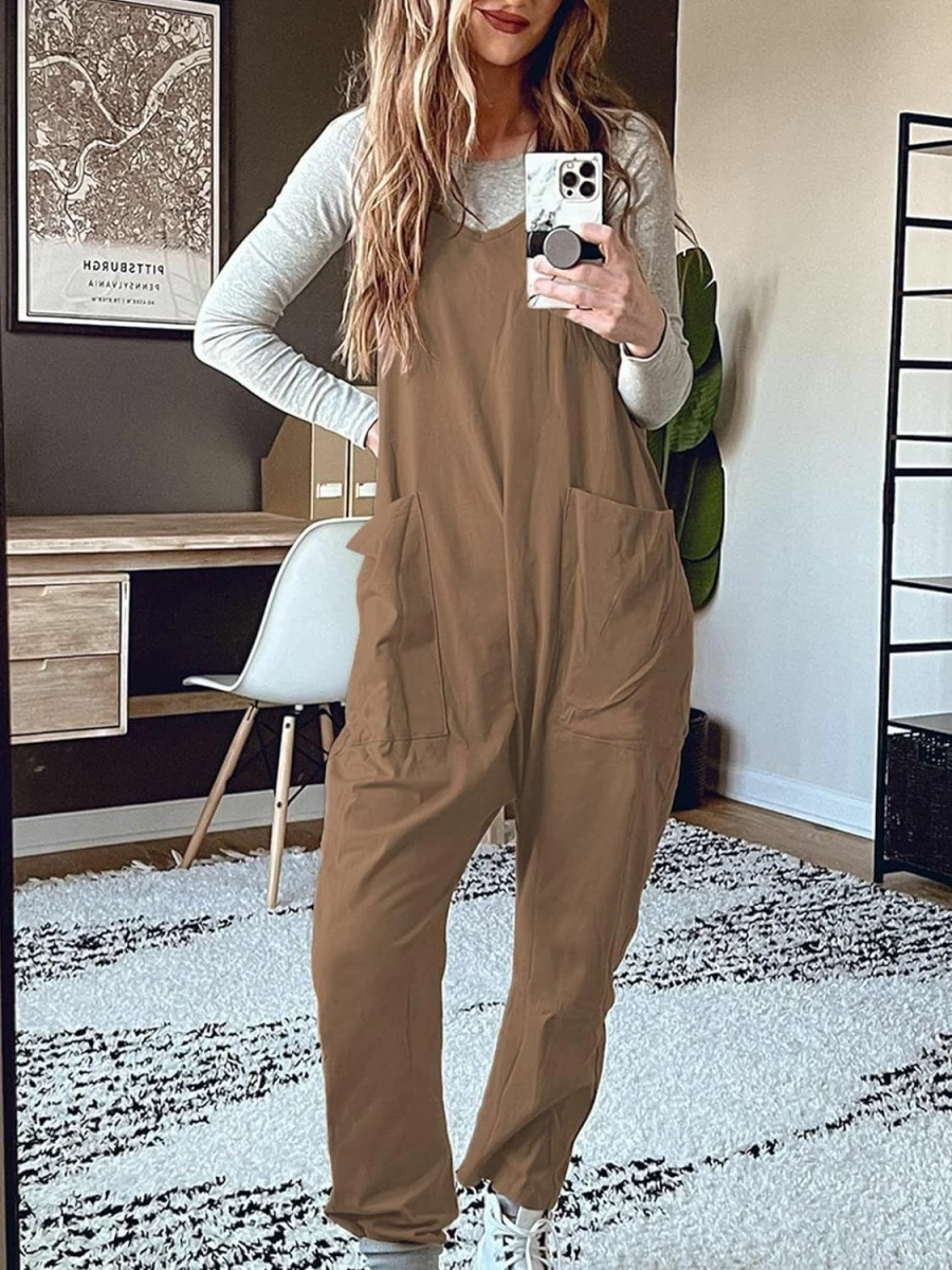 Deep Self Women's Casual V-Neck Sleeveless Jumpsuit with Adjustable Straps & Pockets - Loose Fit Harem Pants Overalls