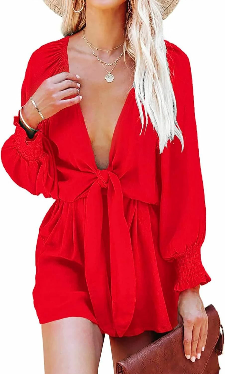 G&Y Women's Sexy V-Neck Tie-Front Long Sleeve Romper - Beach Jumpsuit Shorts Dressy Summer Outfit