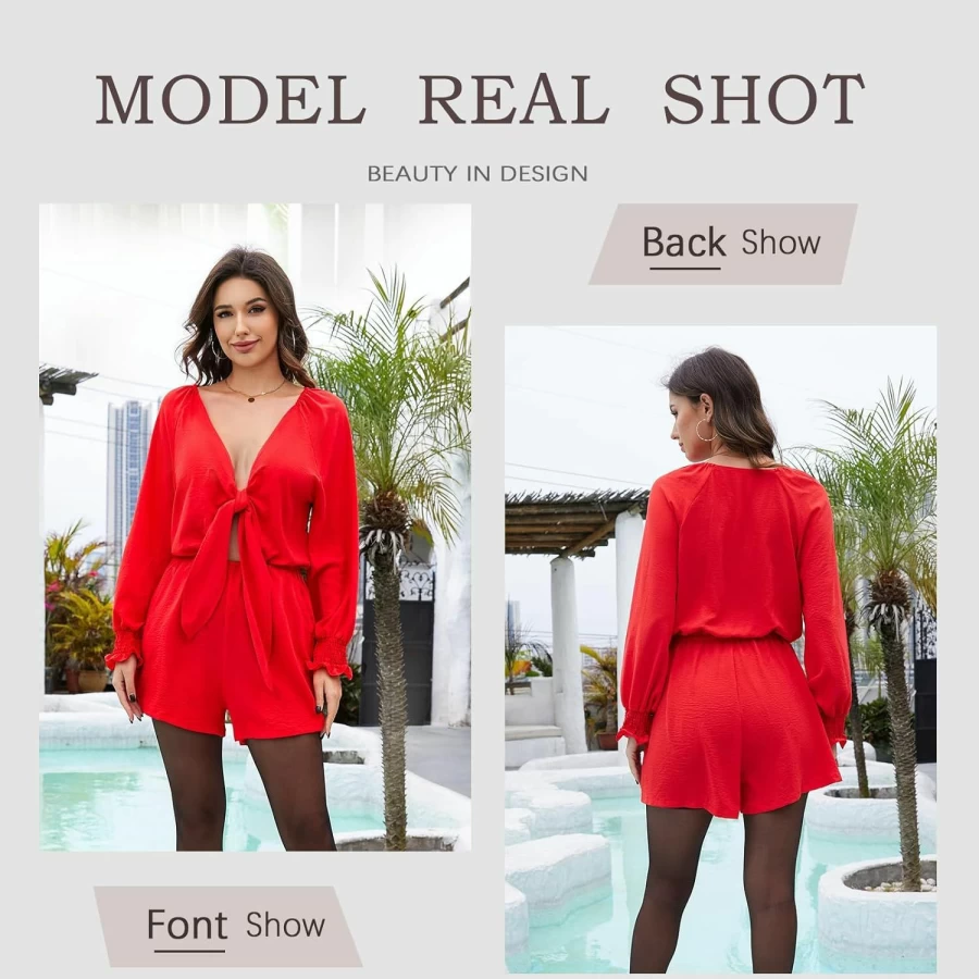 G&Y Women's Sexy V-Neck Tie-Front Long Sleeve Romper - Beach Jumpsuit Shorts Dressy Summer Outfit
