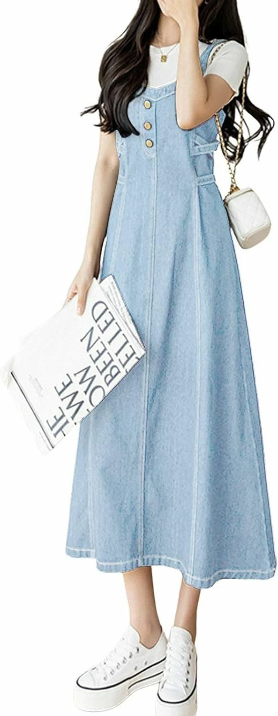 CHARTOU Women's Denim Pinafore Dress with Smocked Back and Elegant Straps - A-Line Long Skirt Overall