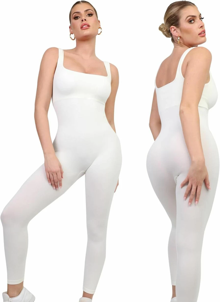 Popilush Women's Ribbed Bodycon Jumpsuit with Built-In Bra - Square Neck Sleeveless Summer Romper for Workout & Casual Wear