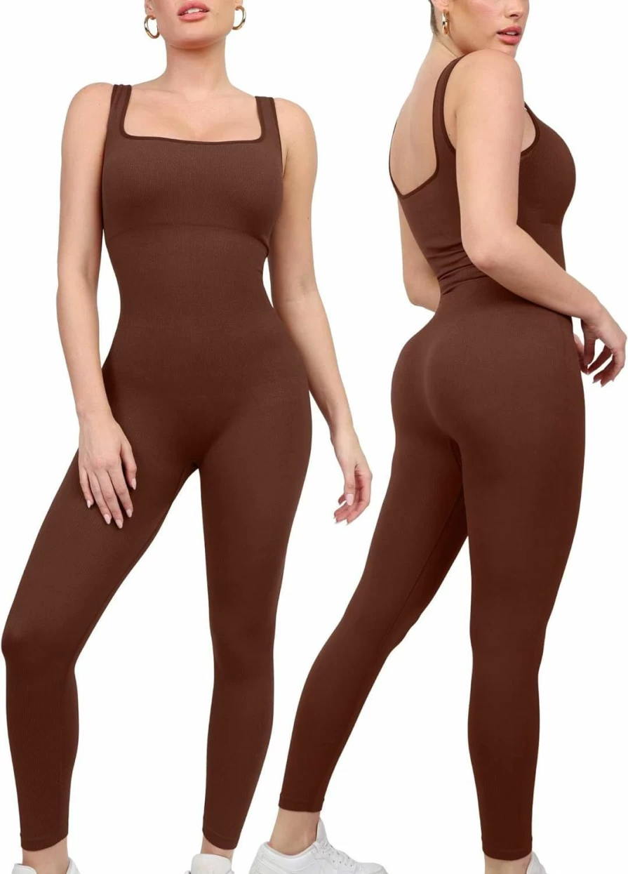 Popilush Women's Ribbed Bodycon Jumpsuit with Built-In Bra - Square Neck Sleeveless Summer Romper for Workout & Casual Wear