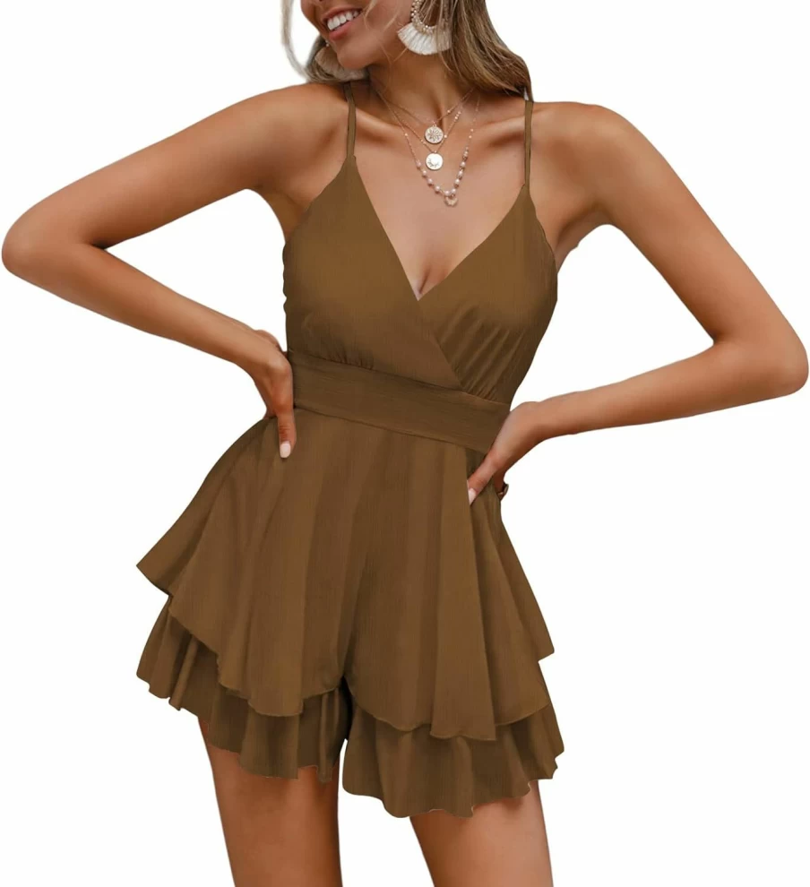 Linsery Women's Backless Chiffon Romper with V-Neck and Spaghetti Straps - Ruffle Mini Jumpsuit for Summer