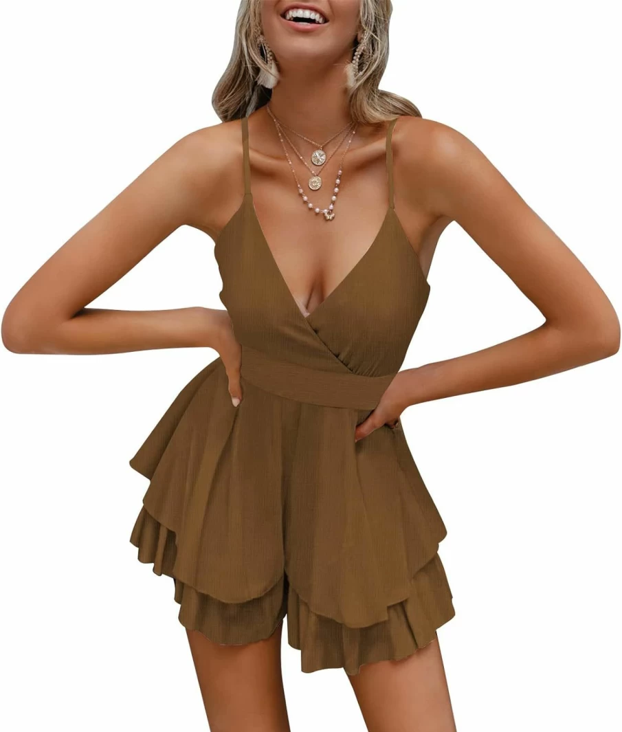Linsery Women's Backless Chiffon Romper with V-Neck and Spaghetti Straps - Ruffle Mini Jumpsuit for Summer