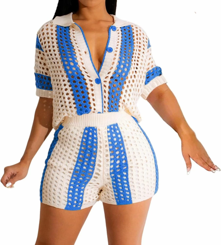 VOIKERDR Women's Summer Knitted 2-Piece Outfit: Short Sleeve Shirt & Shorts Set for Beach Vacation