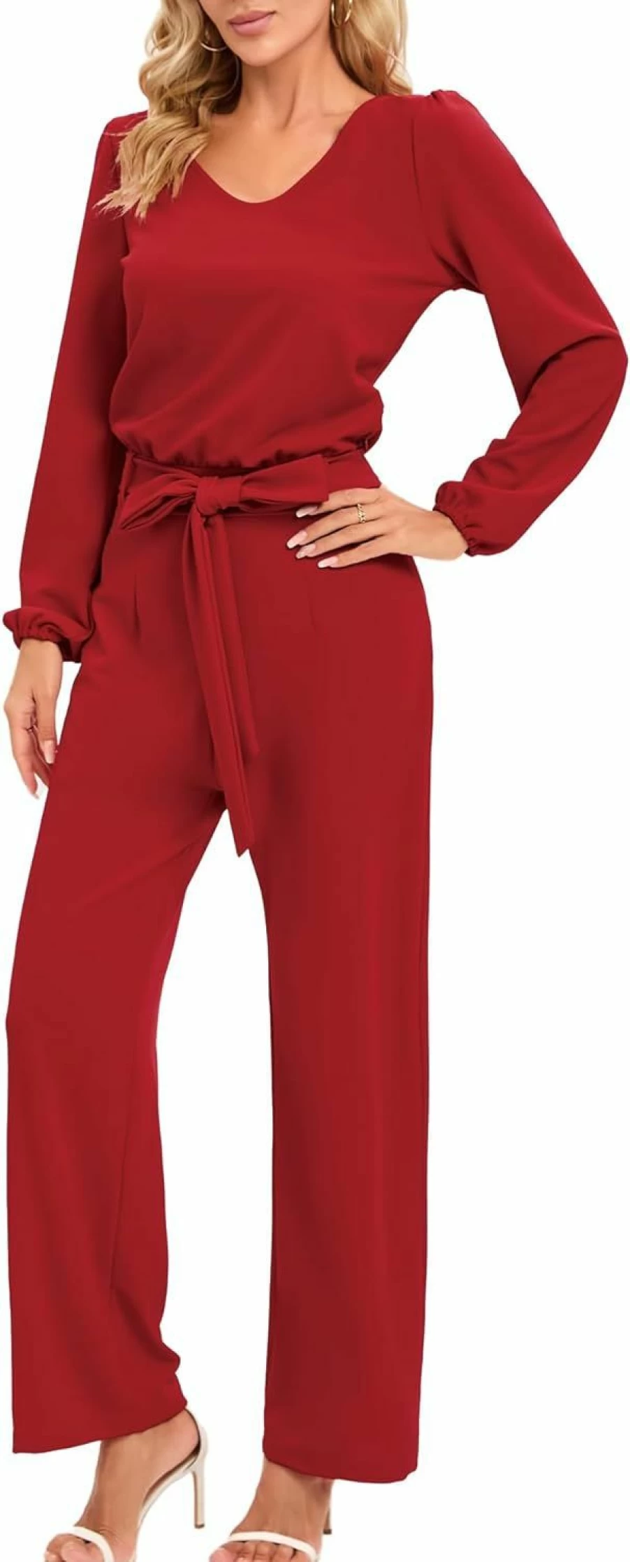 AUXDIO Women's Casual V-Neck Long Sleeve Belted Jumpsuit with Wide Leg Pants - Loose Fit Romper