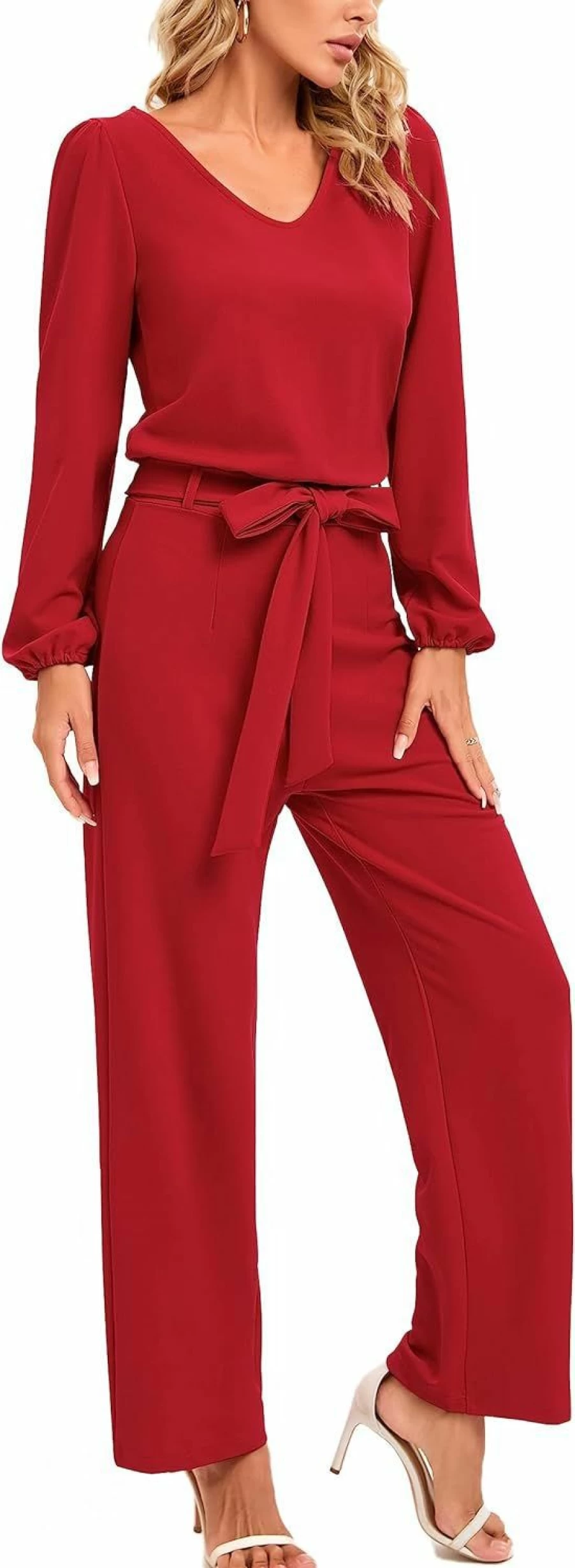 AUXDIO Women's Casual V-Neck Long Sleeve Belted Jumpsuit with Wide Leg Pants - Loose Fit Romper