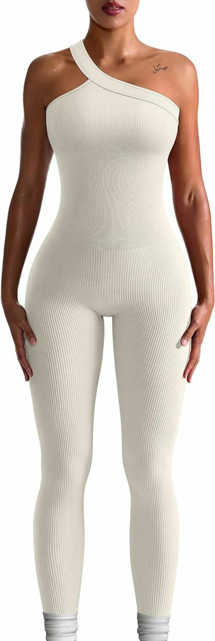 OQQ Women's One Shoulder Ribbed Yoga Jumpsuit - Workout Sportswear One Piece Gym Outfit