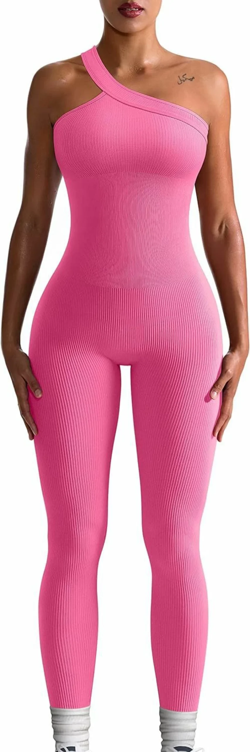 OQQ Women's One Shoulder Ribbed Yoga Jumpsuit - Workout Sportswear One Piece Gym Outfit