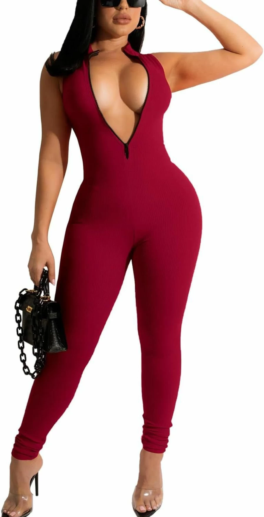 "Sriswel Women's Sexy Ribbed Bodycon Jumpsuit - Sleeveless Mock Neck Romper with Zipper & Skinny Long Pants One Piece Outfit"