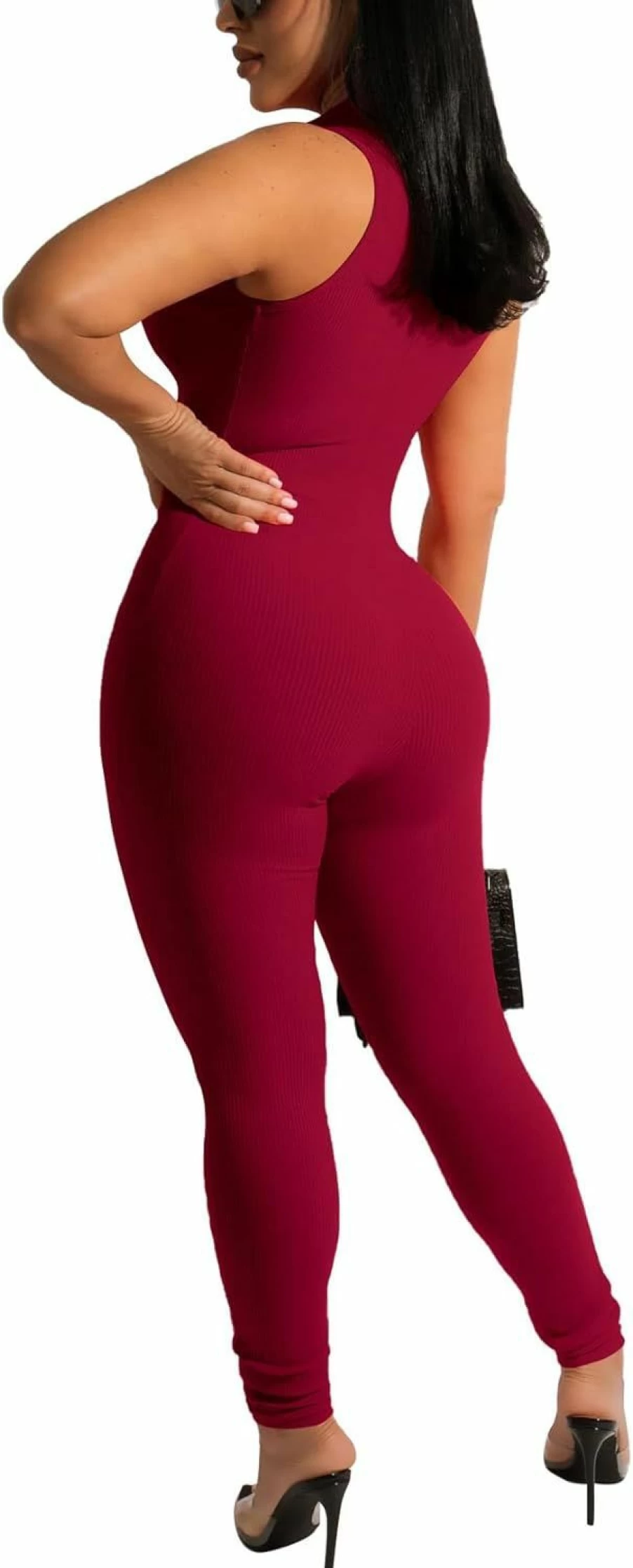 "Sriswel Women's Sexy Ribbed Bodycon Jumpsuit - Sleeveless Mock Neck Romper with Zipper & Skinny Long Pants One Piece Outfit"